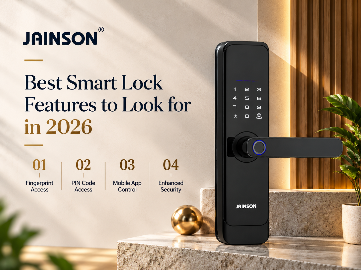Fingerprint smart door lock with keypad on a modern home entrance